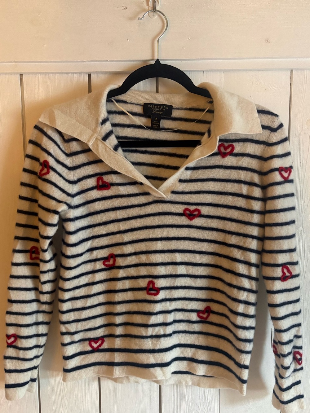 Charter Club Cream & Navy Striped V-Neck cashmere Sweater with Red Heart Accents